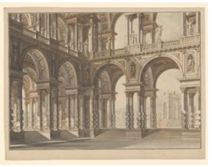 With representations of imagined palace interiors and lavish illusionistic architecture, this group of drawings highlights the visual splendor of the Baroque stage. Many demonstrate the family’s signature invention: the scena per angolo, or “scene viewed at an angle.” Replacing the static symmetry of earlier theater designs, the scena per angolo used multiple vanishing points to imagine sets of unprecedented monumentality, with a complexity of space never previously seen on the stage. 